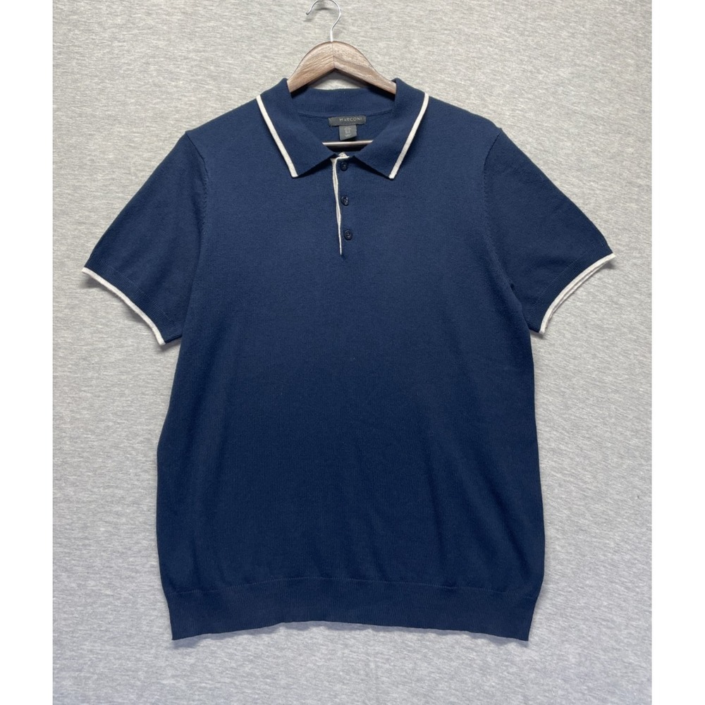 Marconi Polo Sweater Mens M Navy Blue White Tipping Trim Tight Knit Ribbed Golf